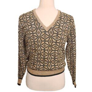 Men's Vintage Geometric V-Neck Knit Sweater Green 70s MOD Medium